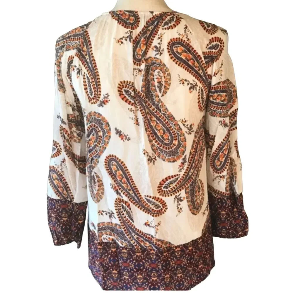 Lucky Brand Paisley Blouse Print Long Sleeve Boho Natural Multi Womens SZ Small